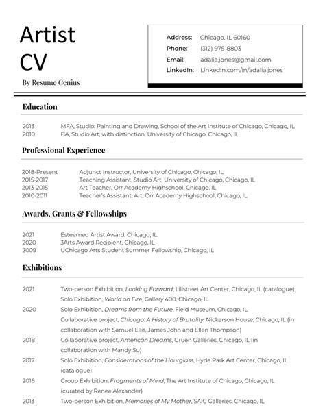 Caa resume for artists